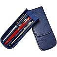 3Slots Leather Fountain Pen Case Collector Organizer - Handmade Pen Case Vintage Crazy Horse Print Leather Pen Protective Sleeve Cover Pen Storage Gift Box (Blue)