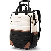 Rolling Puffer Backpack for Women, Travel Backpack with Wheels, 16 Inch Wheeled Laptop Backpack, Dual-Opening Design Overnight College Underseat Carry on Luggage, Roller Business Work Bag, Beige Brown