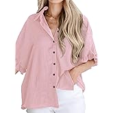 Astylish Women's Button Down Shirts Ruffle Short Sleeve V Neck Wrinkled Dressy Blouse Tops