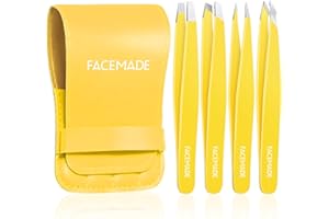 FACEMADE 4 Pack Tweezers Set - Professional Stainless Steel Tweezers for Men and Women, Precision Eyebrow Tweezers for Facial Hair, Chin, and Ingrown Hair Removal (Yellow)