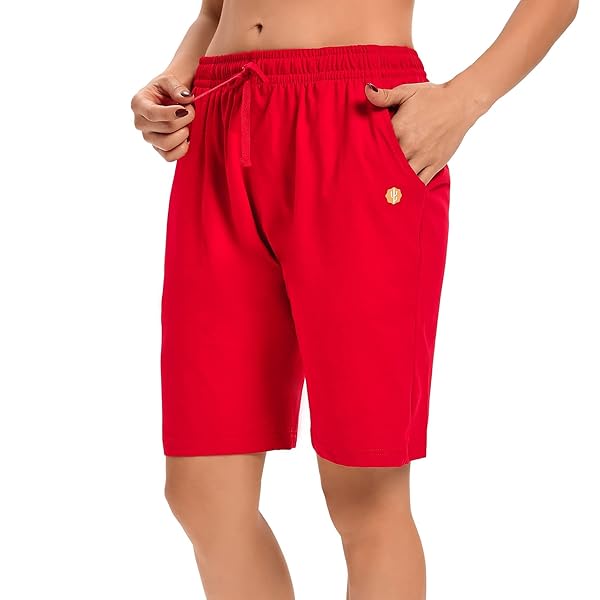 LUCKYCATCUS WOMEN’S BERMUDA SHORTS JERSEY SHORTS WITH POCKETS YOGA WALKING ATHLETIC LONG SHORTS FOR WOMEN KNEE LENGTH (RED, L)