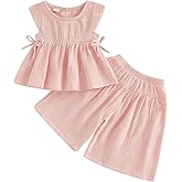 citgeett Baby Girl Summer Clothes Outfit Cotton Linen Sleeveless Ruffle Shirt and Wide Leg Pants Toddler Girls Clothes Set