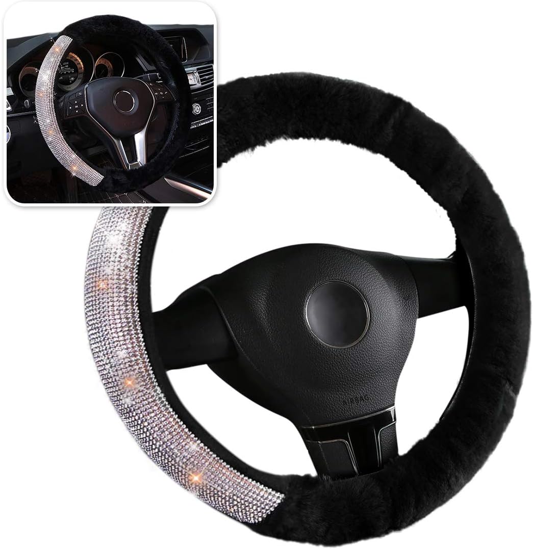 Zone Tech Faux Black Sheepskin Bling Diamond Rhinestone Steering Wheel