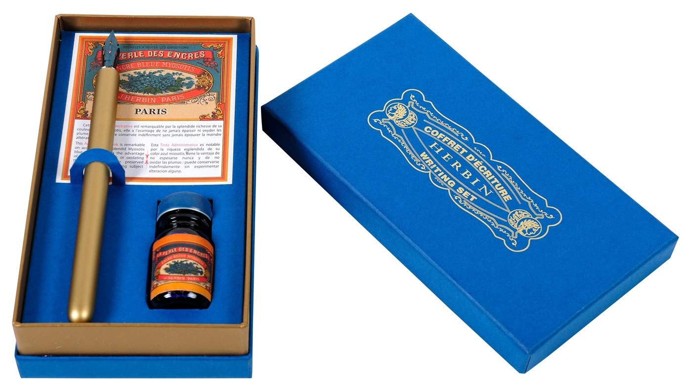 Jacques Herbin 27278T - Writing set containing a gold nib pen-holder - a Sténo nib - size 361B - and a bottle of 10 ml Bleu myosotis colour ink. - Gift Set