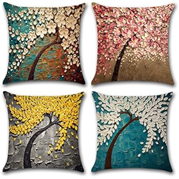 ULOVE LOVE YOURSELF Cotton Linen Throw Pillow Case Oil Painting Square Home Decorative Cushion Cover for 18 X 18 Inches Pillow Inserts, 4Pack Multicolor Trees