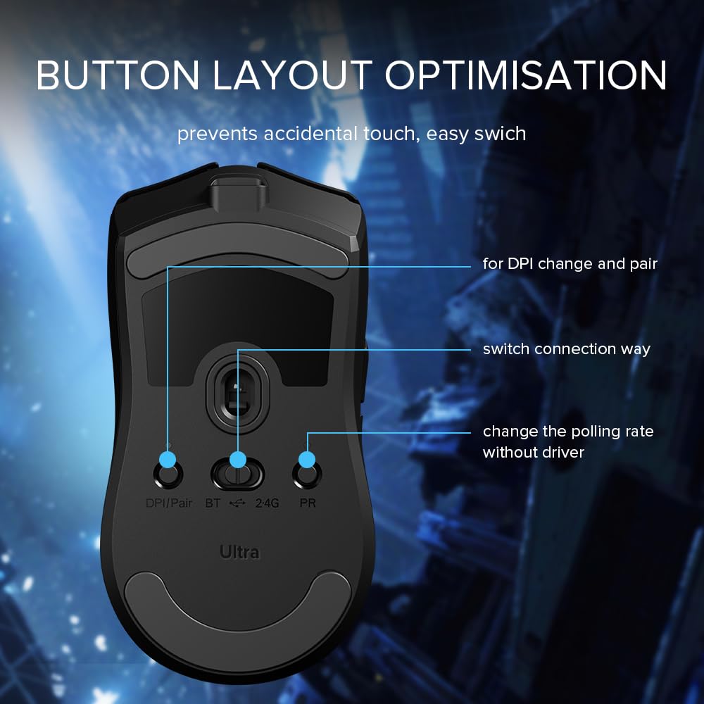 DeLUX M800 Ultra Wireless Gaming Mouse, Nordic 52840 MCU, PAW3395 26000DPI, 1000Hz Polling Rate, Tri-Mode Connection, 49g Lightweight, 60 Hours Endurance (300mAh-Black)