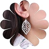 Allereyae Vintage Hollow Leaf Hook Earrings Silver Leaf Drop Earrings Leaf Dangle Earrings Large Filigree Leaf Earrings Jewelry for Women