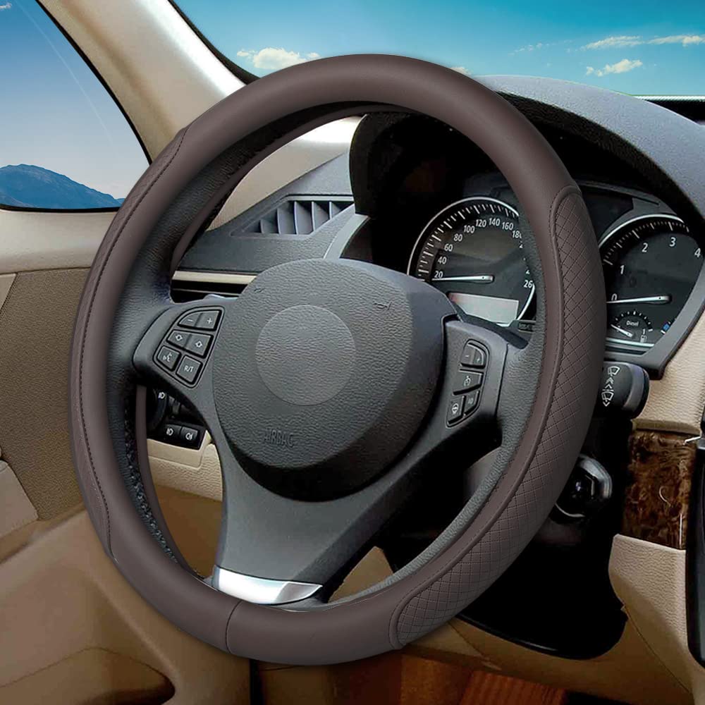 Photo 1 of VARGTR Microfiber Leather Steering Wheel Cover with Classic Embossing, Anti-Slip Breathable Auto Car Wheel Protector, 15 Inch, Coffee