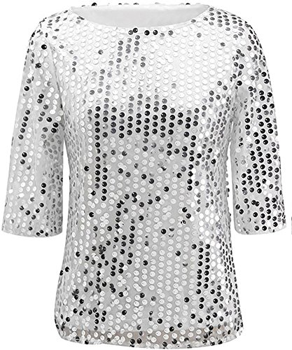 Women Shiny Sequin Half Sleeve Bling Loose Blouse T-Shirt Tops Tee White 12