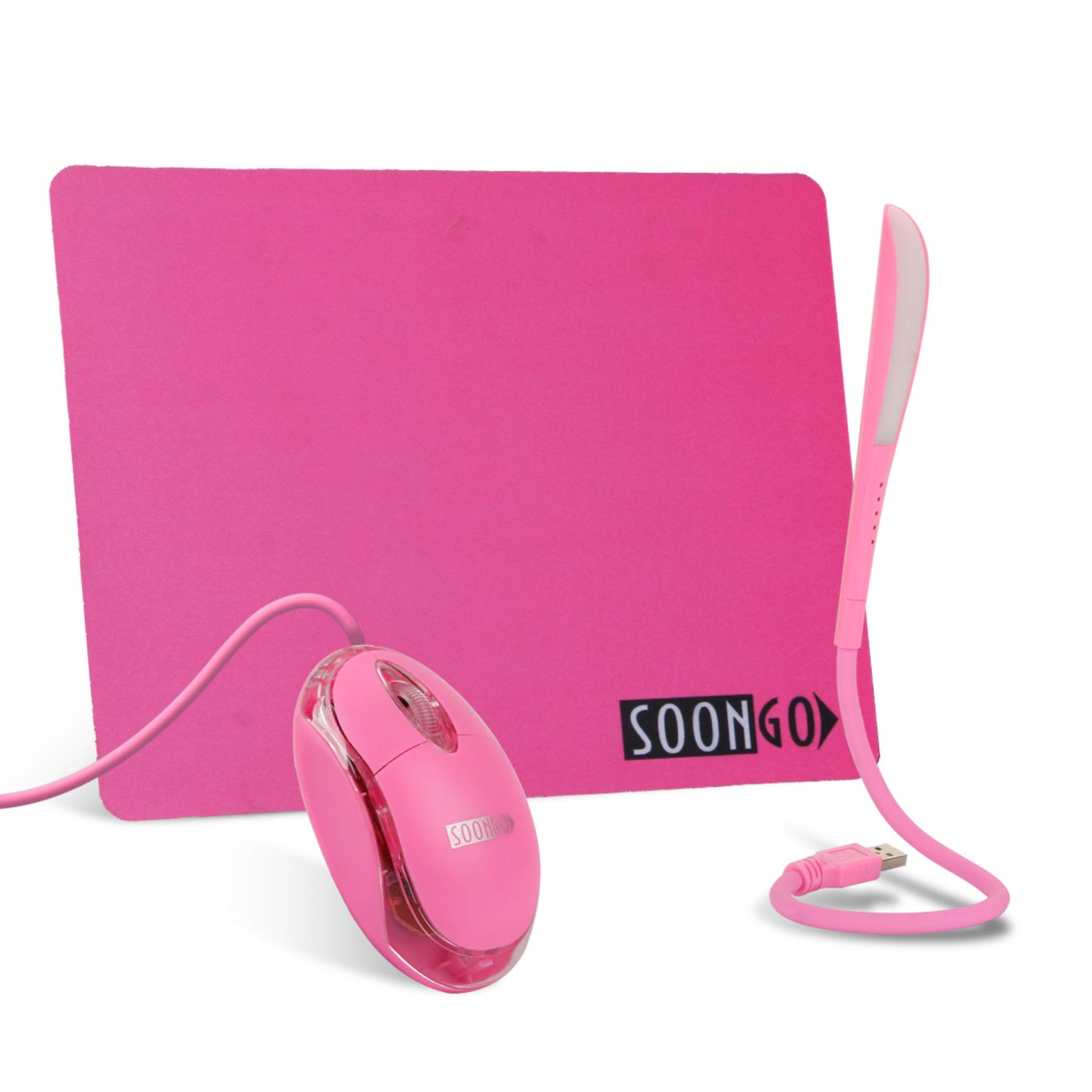 SOONGO Pink Mouse Pad - Kids LED Light 3 in 1 Gift Combo Mice Pad Non-Slip Rubber Base Touch Dimmable Flexible USB Laptop Reading Lamp for Computer Home Office Travel