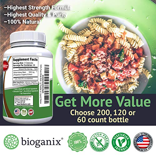 Pure White Kidney Bean Extract 1800mg Serving (200 Capsules) Best Carb and Fat Blocker & Starch Intercept Supplement for Weight Loss