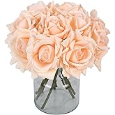 IPOPU 2 Bouquets Real Touch Roses Artificial Flowers 10PCS Champagne Flowers Fake Roses with Stems for Wedding Party Home Table Centerpieces Decoration(Champagne)