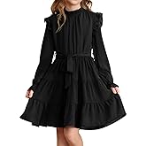 blibean Girls Long Sleeve Fall Dresses Tween Casual Ruffled Swing Formal Dressses Belt Size 4-15 Years
