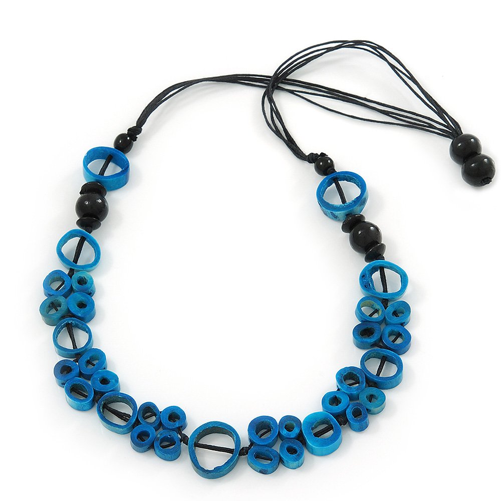 Avalaya Unique Turquoise Blue Coloured Bone Bead Black Cotton Cord Necklace - 66cm Length