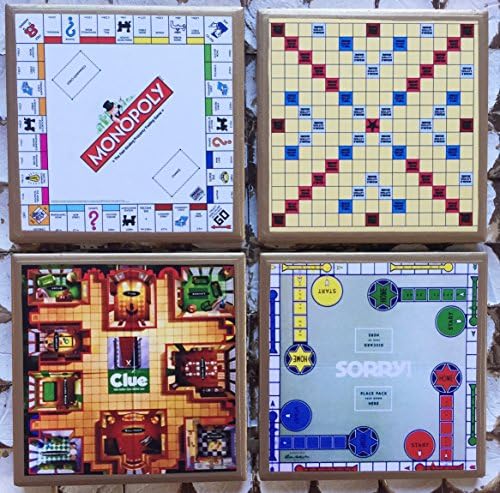 Retro game board coasters with gold trim
