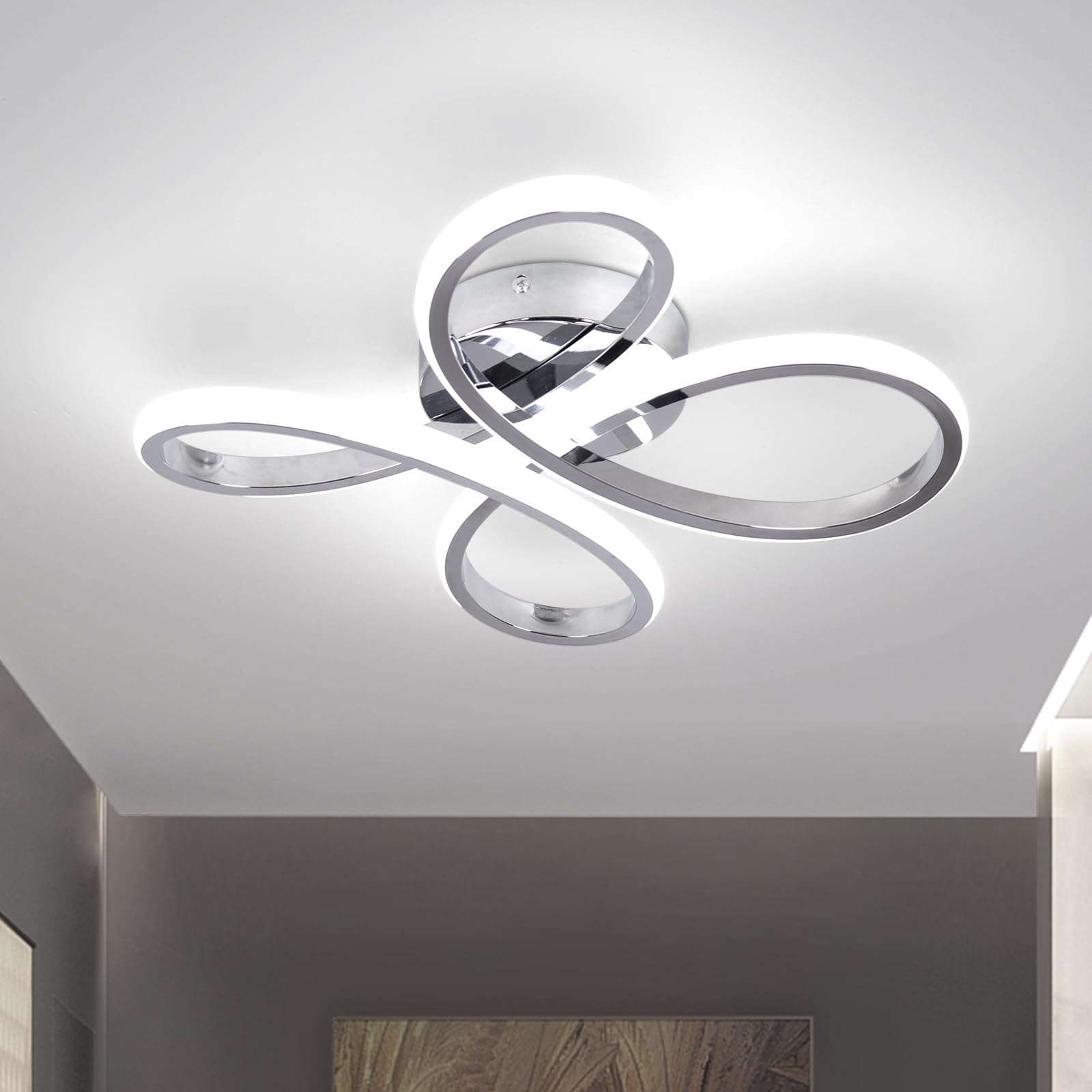 EIDISUNY Modern LED Ceiling Light, 30W Sliver Curved Creative Modern Ceiling Lights Fixture LED for Living Room Bedroom Corridor Aisle Hallway Indoor Office Kitchen Lamp - Cool White Light 6000K