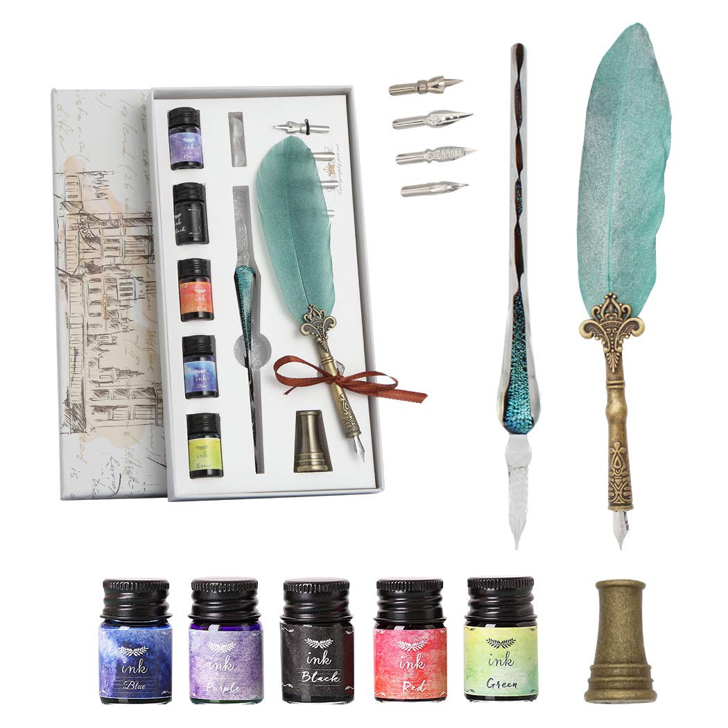 SIPLIV Calligraphy Feather Pen Glass Dip Pen Set With Feather Dip Pen, Glass Pen, 5 Colors Ink, 4 Replacement Nibs, Pen Rest, Metal Pen Holder, Green