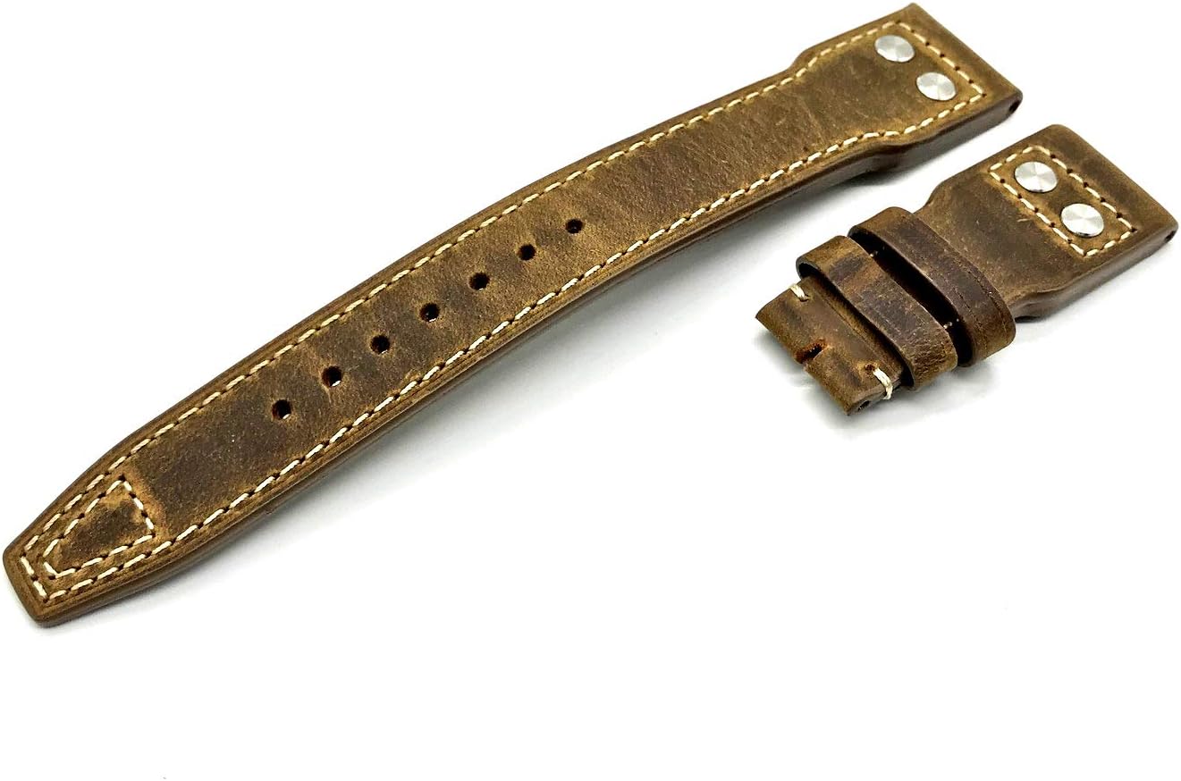 DGSTRAP 22mm Crazy Horse Vintage Brown Genuine Leather Band Strap with Rivet Replacement fit for IWC Top Gun/Big Pilot Watches