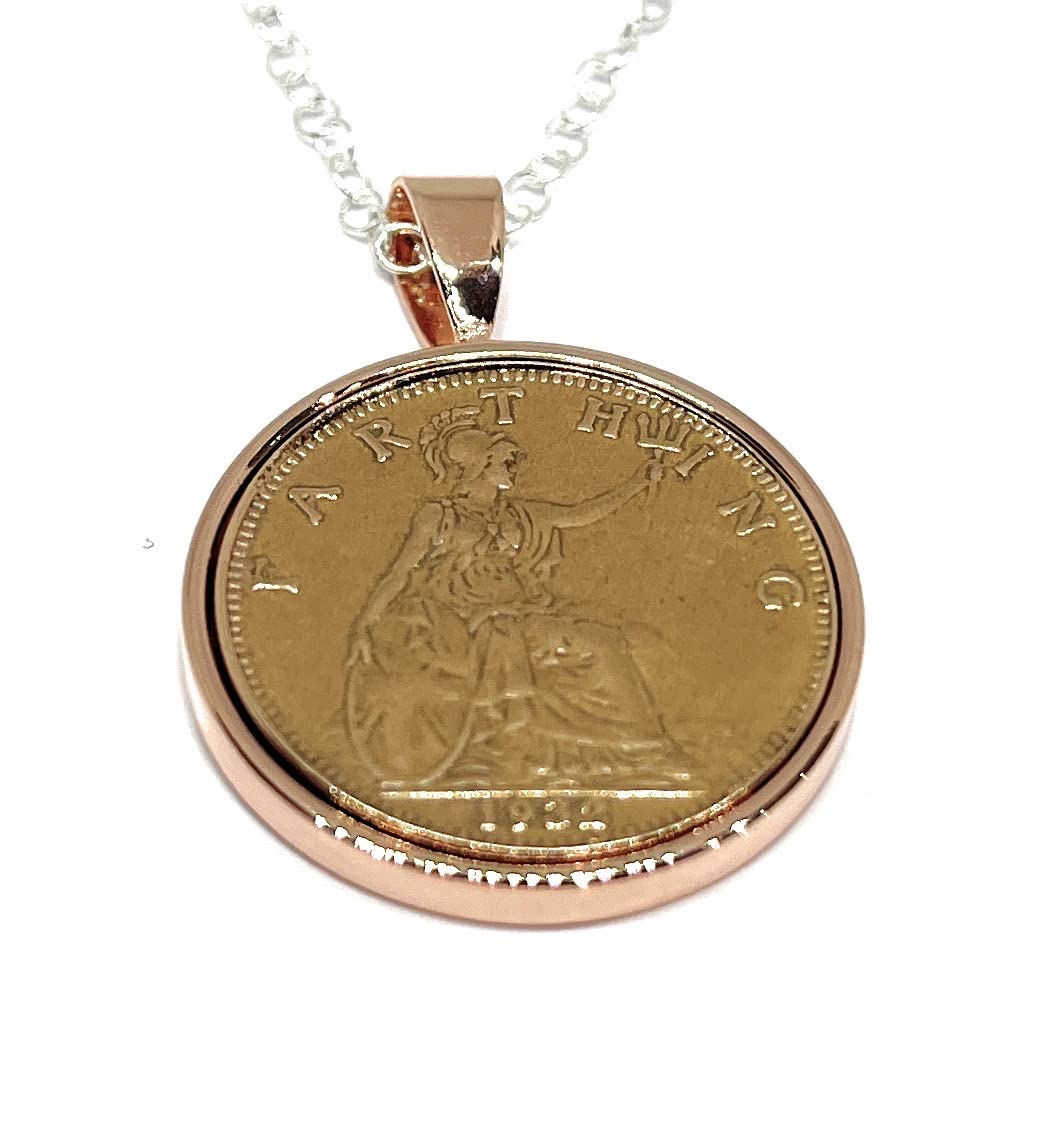 OCC Old Coin Cufflinks Solid Pendant 1932 Farthing 94th Birthday plus a Sterling Silver 18in Chain Rose Gold Plated Mount