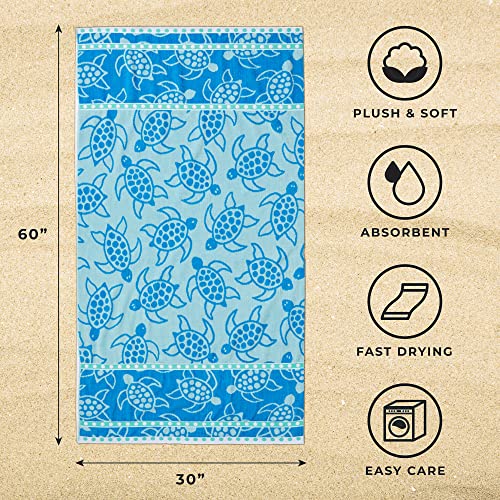 Large Beach Towel Set of 2 Turtle and Striped Beach Towels for Adults and Kids and Velour Pool