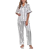 Silk Pajamas for Women Set Short Sleeve Sleepwear Button Down Shirt with Long Pants 2 Piece Striped Soft Pj Set