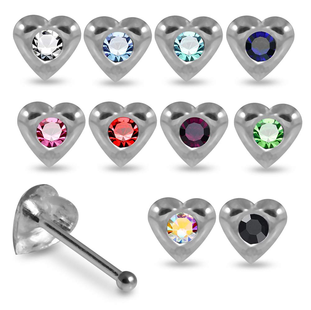 AZARIO LONDON 20 Pieces Box Set of 22 Gauge 925 Sterling Silver Heart Ball End Nose Pin Nose Stud Piercing Jewellery