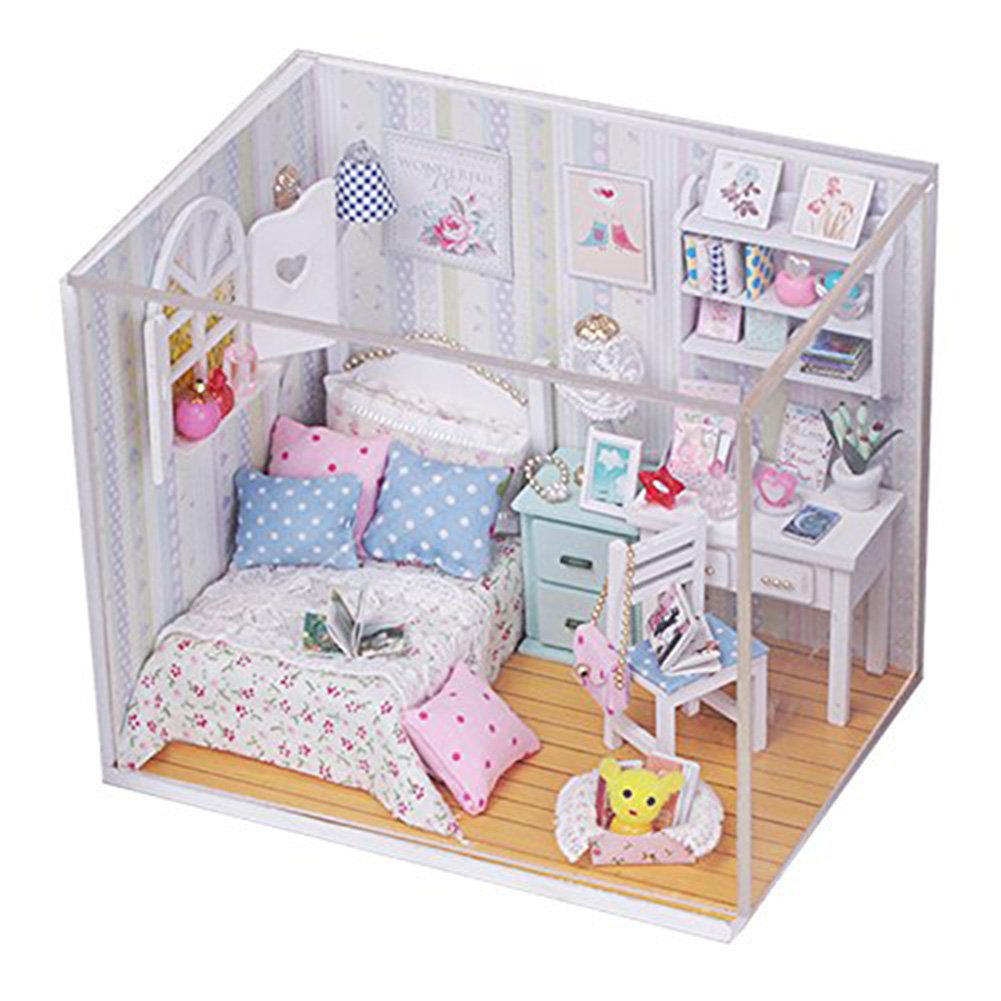 Yiuswoy Lovely Dollhouse Miniature Diy Kit Bedroom Mini House Gift With Cover And Led Light
