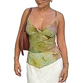 Women Y2k Mesh Tank Top Camisole Floral Print Spaghetti Strap Sleeveless V Neck Going Out Tops Cami Shirts
