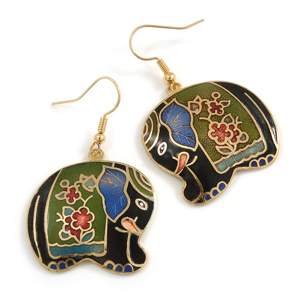 Multicoloured Enamel Elephant Drop Earrings In Gold Tone Metal - 45mm Long