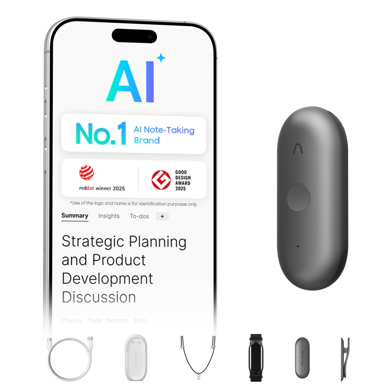 Plaud NotePin S AI Voice Recorder, Wearable AI Notetaker, AI Transcribe & Summarize, Support 112 Languages, 64GB Memory, Audio Recorder for Meetings Interviews with 4 Accessories