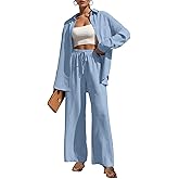 Lepunuo 2 Piece Outfits for Women Casual Lounge Sets Long Sleeve Button Down Shirts and Wide Leg Pants Sets Tracksuit