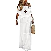 loveimgs Women's Summer Off Shoulder Ruffle Cotton Dress Short Sleeve Mid Rise Beach Boho Long Maxi Dress