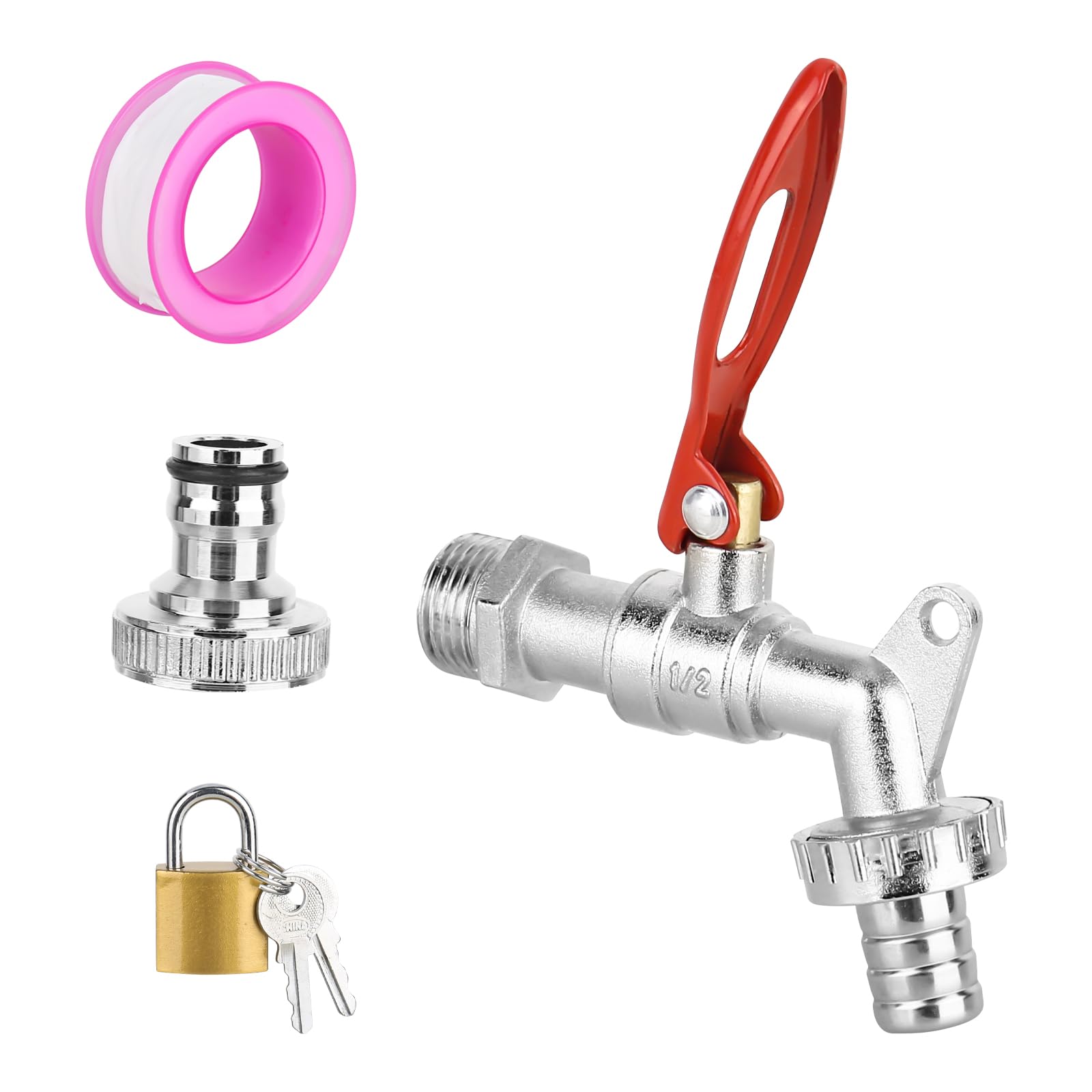 Brass Bibcock Garden Tap 1/2 Inch - Outdoor Water Faucet with 3/4 Inch Outlet, Ball Valve, Lock, and Sealing Tape