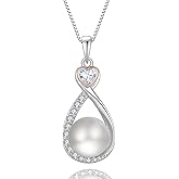 Veshon Heart Birthstone Pearl Pendant Necklace, 925 Sterling Silver Infinity Necklace with 10mm Freshwater Cultured Pearl & 4mm Gemstone Jewelry for Women