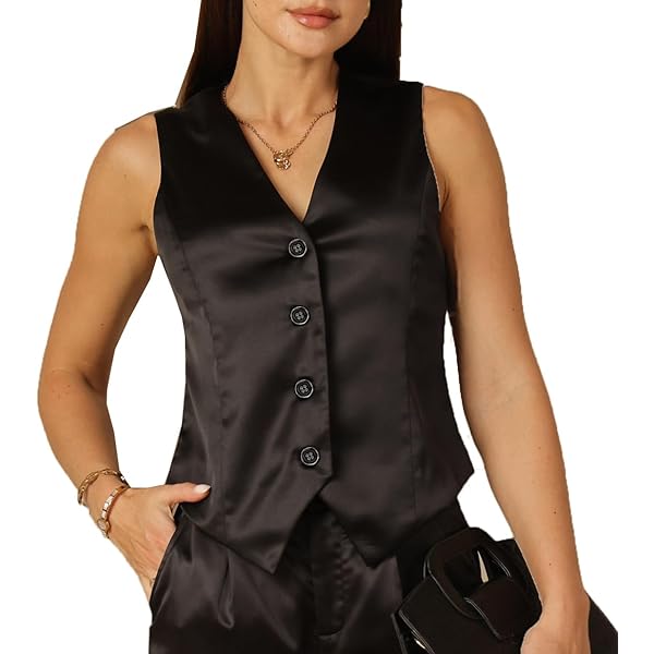 heipeiwa Women's Satin Silky Textured Vest Button Down