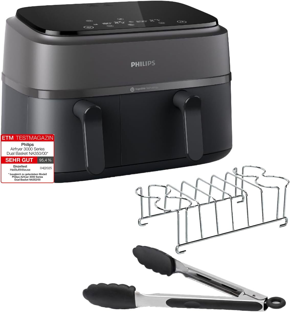 Philips Dual Basket Airfryer 3000 Serie mit Frühstücks-Set, 9L, 2 Schubladen, Synch-Funktion, Rapid Air, Vielseitige Große Heißluftfritteuse, 90% Weniger Fett und Energiesparend, HomeID-App (NA350/03)
