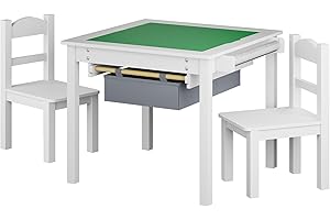 Treocho Wooden Kids Table and Chair Set with Reversible Tabletop, 2 in 1 Toddler Desk with Storage Drawers, Kids Activity Table with Blocks Building Baseplate for Playing, Reading, Drawing, White