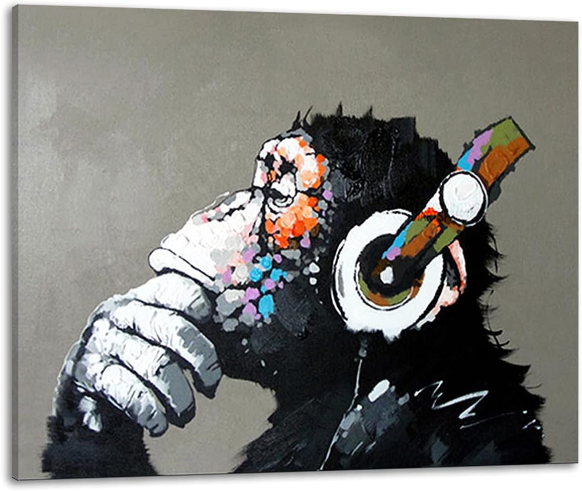 Paintings - Muzagroo Art Music Monkey with Headphone Oil Paintings Hand Painted on Canvas Wall Art for Living Room Chimps Media Room Art M
