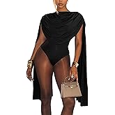 LETSVDO Bodysuits for Women Ruched Cowl Neck Cape Sleeve Shapewear Romper Club Night Sexy Shawl Bodycon Jumpsuits
