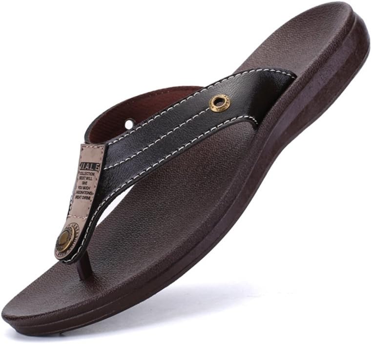 VOLLSGEAT Men's Leather Flip Flops Fashion Casual Beach Sandals Indoor & Outdoor Slippers