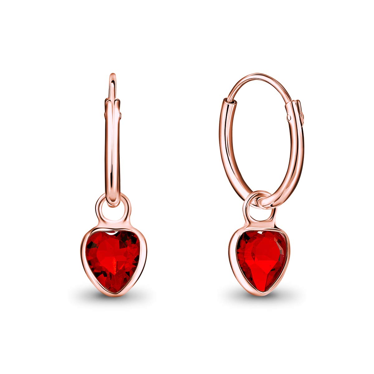 DTPsilver® 925 Sterling Silver Rose Gold Plated SMALL Hoops Earrings & Glittering 5 mm Dangling Heart Crystals from Swarovski® Elements - Thickness 1.2 mm - Diameter 12 mm - Colour: Red Light Siam