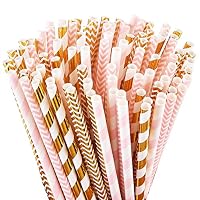 ALINK Biodegradable Paper Straws, 100 Pink Straws/Gold Straws for Party Supplies, Birthday, Wedding, Bridal/Baby Shower Decorations and Holiday Celebrations