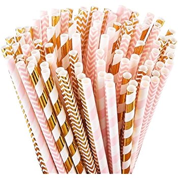 ALINK Biodegradable Paper Straws, 100 Pink Straws/Gold Straws for Party Supplies, Birthday, Wedding, Bridal/Baby Shower Decorations and Holiday Celebrations