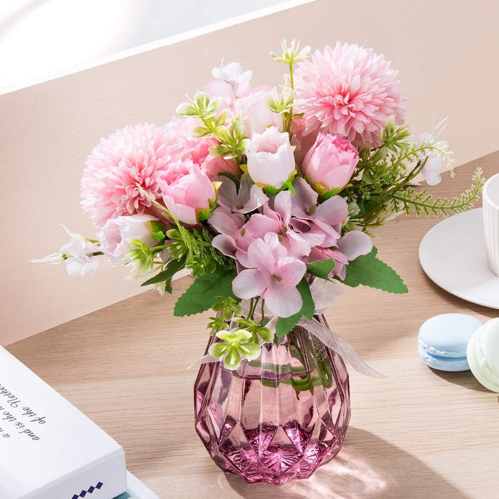 MALOOW 2pcs Artificial Flowers Bouquet with Vase Fake Peony Silk Hydrangea Wildflowers, Flower Centerpieces Home Decor for Tables with Vase (Small Pink)