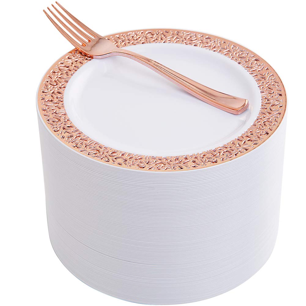WDF 100pcs Rose Gold Dessert Plates 7.5" with 100 Pieces Disposable Forks 7.4", Lace Design Wedding Party Plastic Plates, Fancy Salad Plates and Appetizer Plates for all Holidays & Occasions