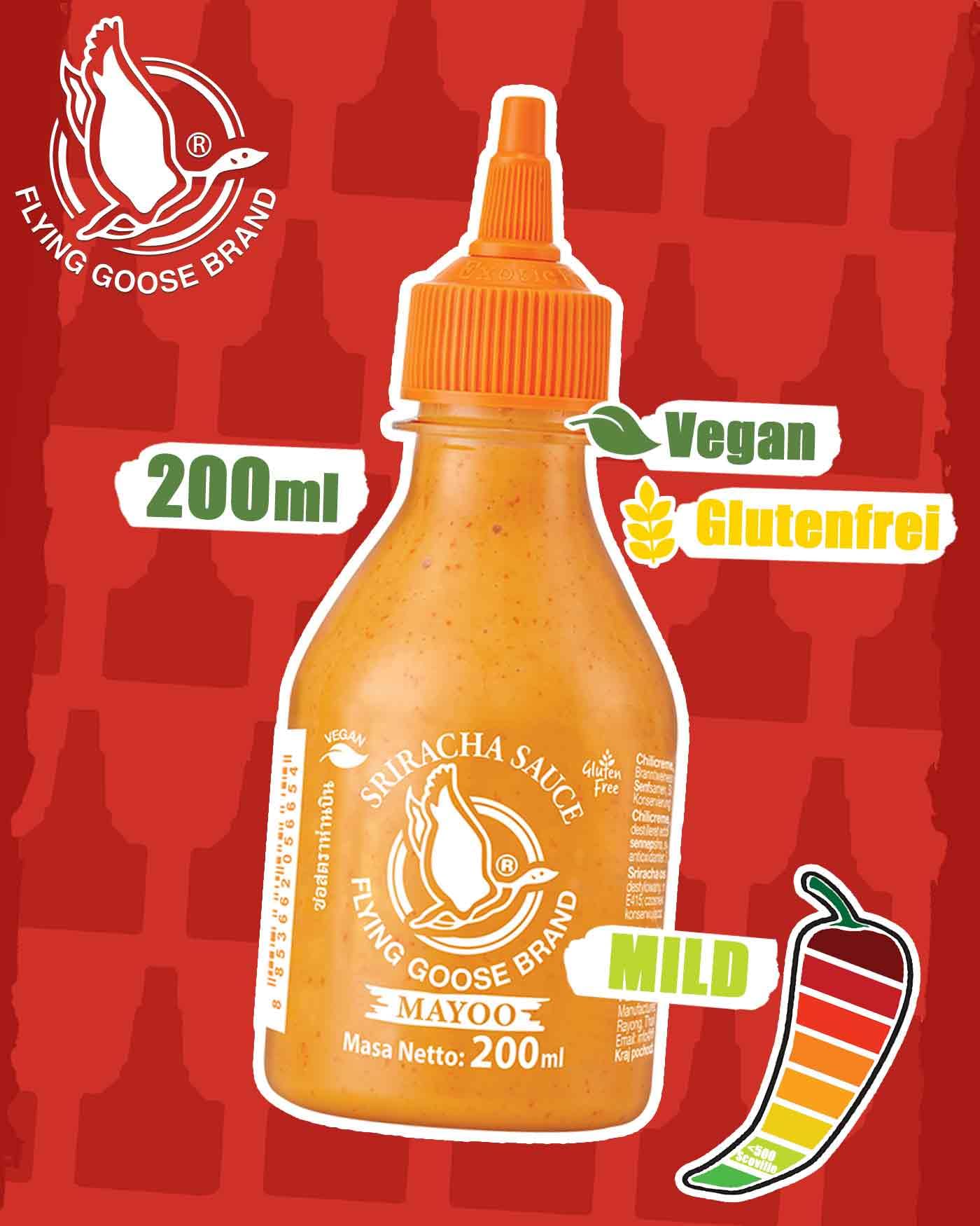 FLYING GOOSE Sriracha Mayoo Sauce, pikante Mayonnaise, leicht scharf, orange Kappe, Würzsauce aus Thailand, vegetarisch, 1 x 200 ml 2