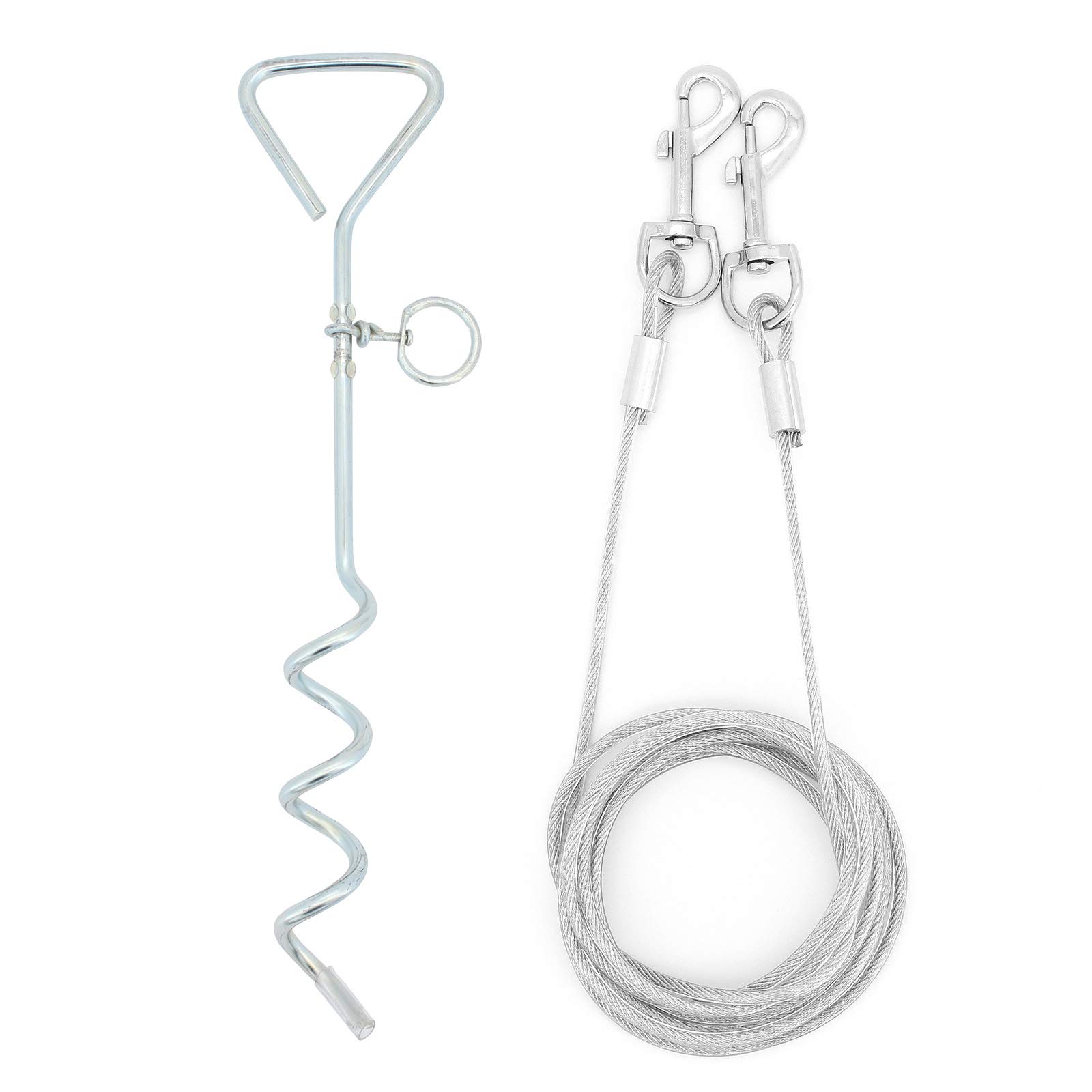 ShawFly Solid Dog Stake and Tie Out Cable (3m, 5m, 10m) Premium Steel Spiral Dog Tie, with 16 Inch spiral ground stake, for Outdoor Yard and Camping Puppy pet and Medium Dogs (3m)
