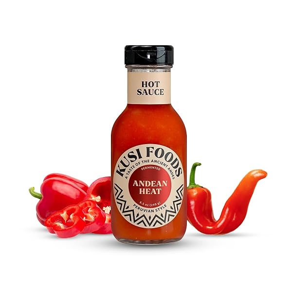 KUSI FOODS ANDEAN HEAT PERUVIAN HOT SAUCE, MADE WITH LIMO CHILI, RED BELL PEPPERS, VINEGAR AND SALT, CITRUSY, SPICY & SLIGHTLY SWEET, FERMENTED 50 DAYS, 8.5 OZ