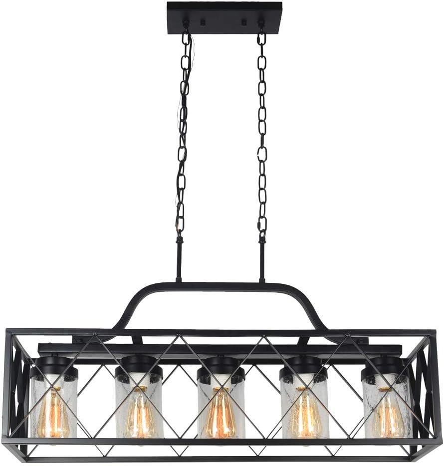Baiwaiz Black Dining Room Chandelier Light with Clear Seeded Glass Shade, Industrial Kitchen Island Chandelier Lighting Rectangle Chandelier Cage Pendant Light Fixture 5 Lights Edison E26 096