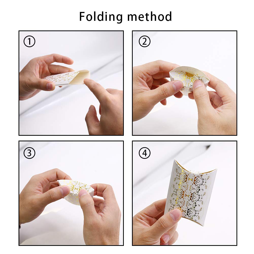 100pcs Gold Pillow Box,Kraft Paper Pillow Boxes Candy Treat Gift Boxes for Wedding Bridal Shower Baby Shower Birthday Party Supplies